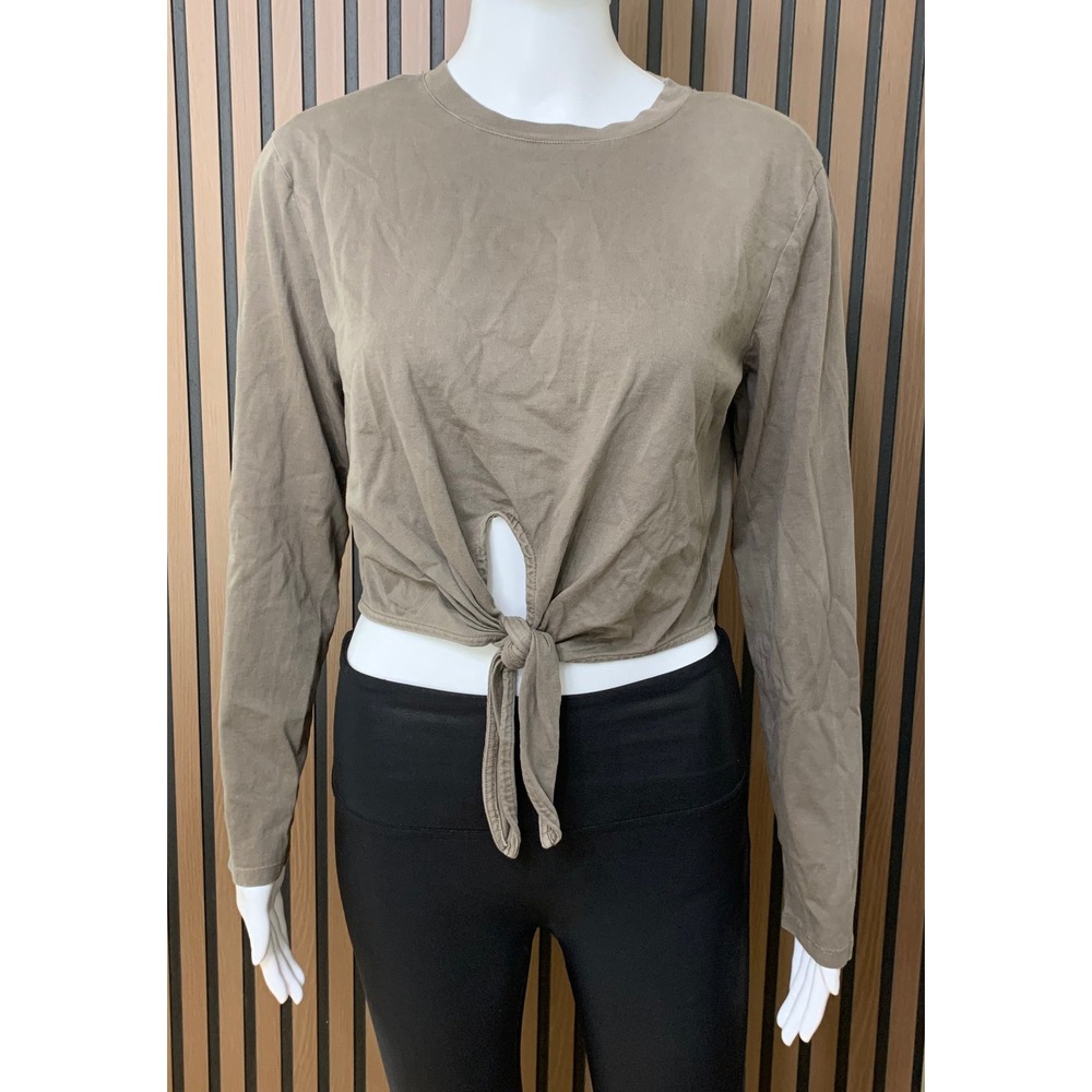 Babaton Aritzia Taupe Brown Cotton Front Tie Long Sleeve Crop Top XS Minimalist